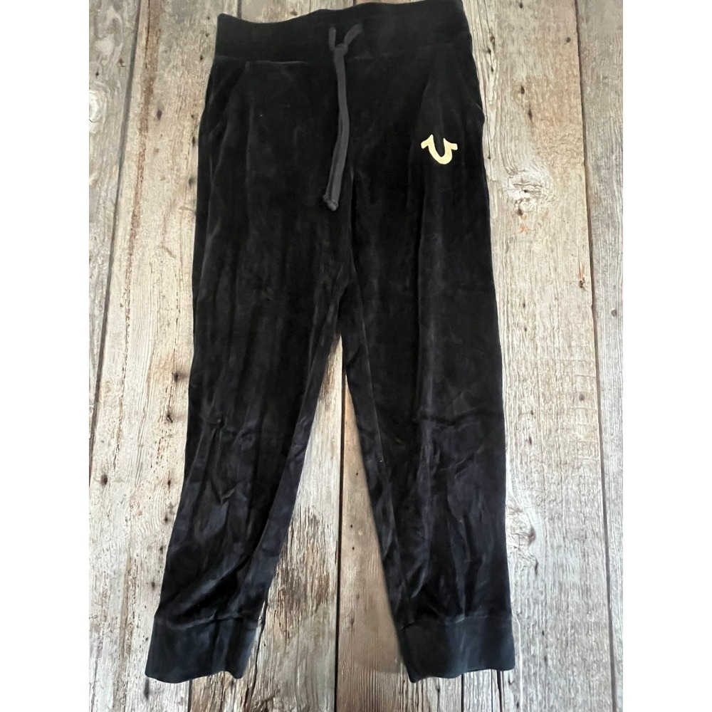 True Religion Mens Velour Jogger Sweatpants Black Gold Horseshoe Logo 101383 S